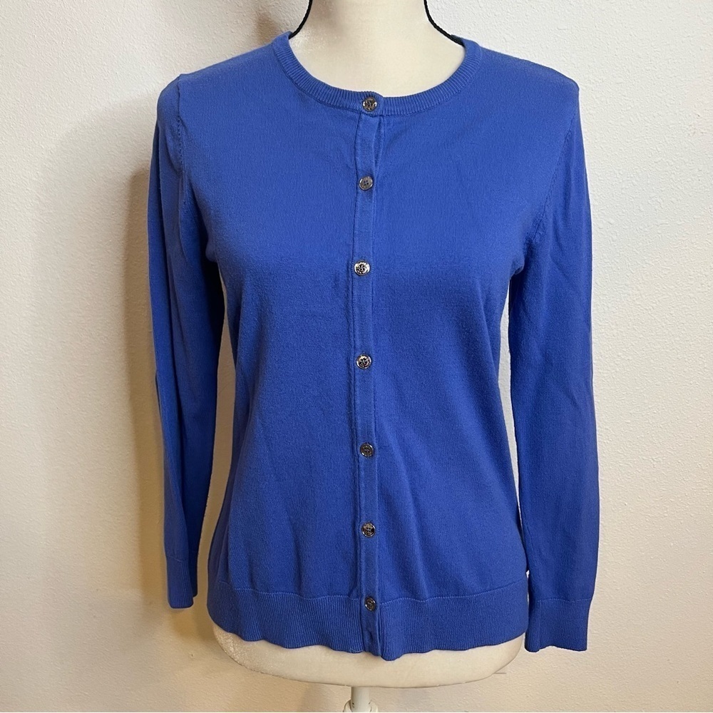 Jones New York Women's Cardigan Blue Button Down Long Sleeve Round Neck Size M